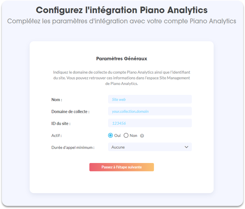 formulaire paramétrage Piano Analytics